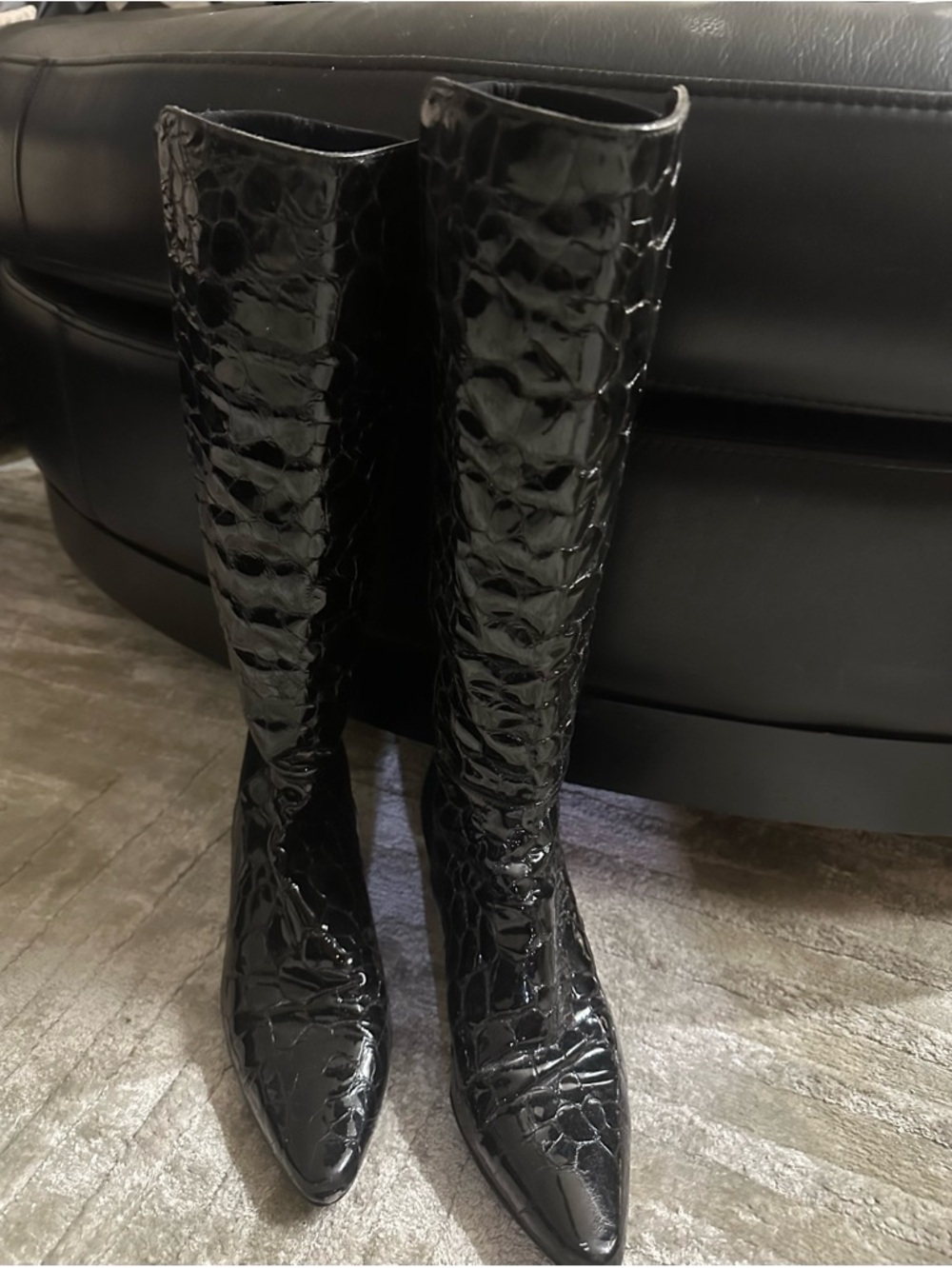 Stuart Weitzman Black Patent Croc-Embossed 50/50 Knee-High Women's Boots
